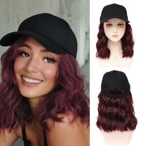 Synthetic Hair Wavy Baseball Cap Wig Burgundy Short Curly Adjustable Eas